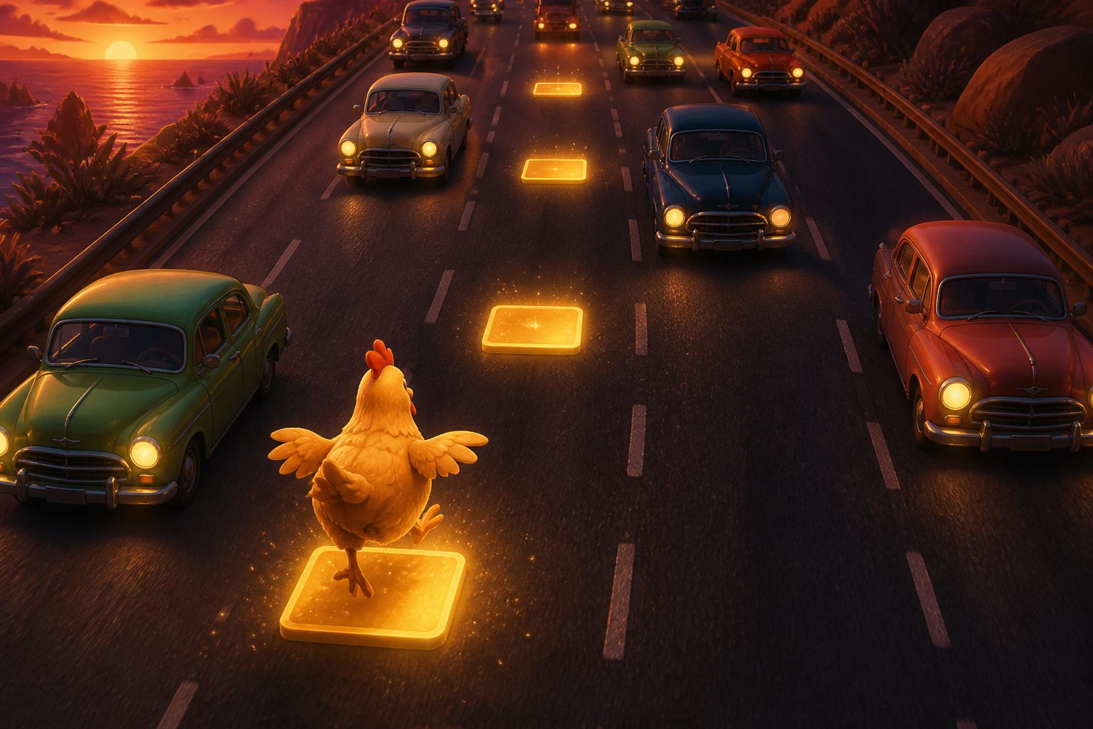 Top-down dusk highway with the chicken hopping onto a glowing gold tile