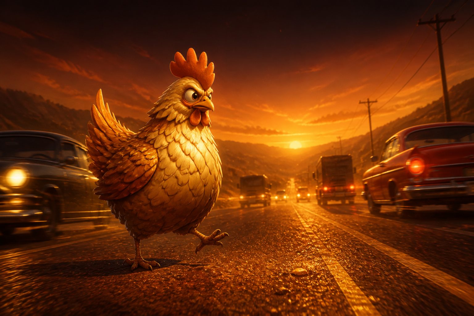 A gold-feathered cartoon chicken crossing a dusk highway as headlights streak past